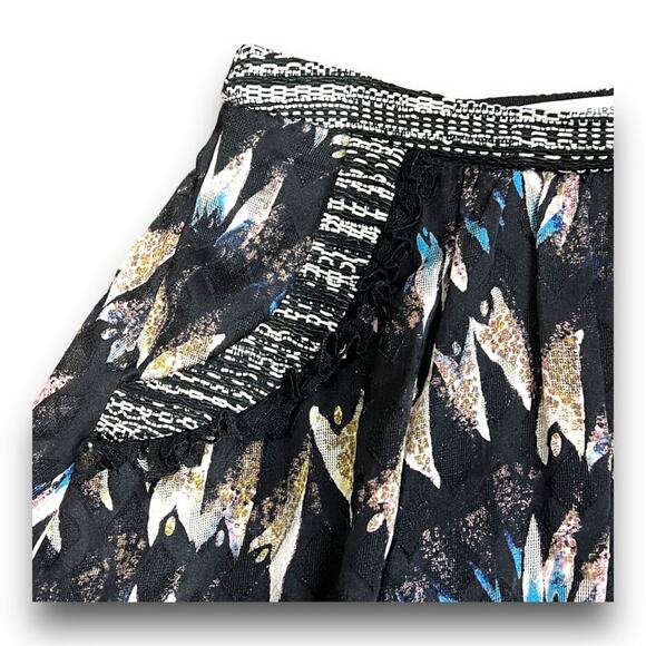DIANE VON FURSTENBERG Silk black & taupe print skirt lace trim pockets SZ 2 - Picture 3 of 12